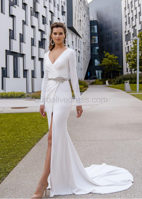 White Satin V Neck Slit Wedding Dress